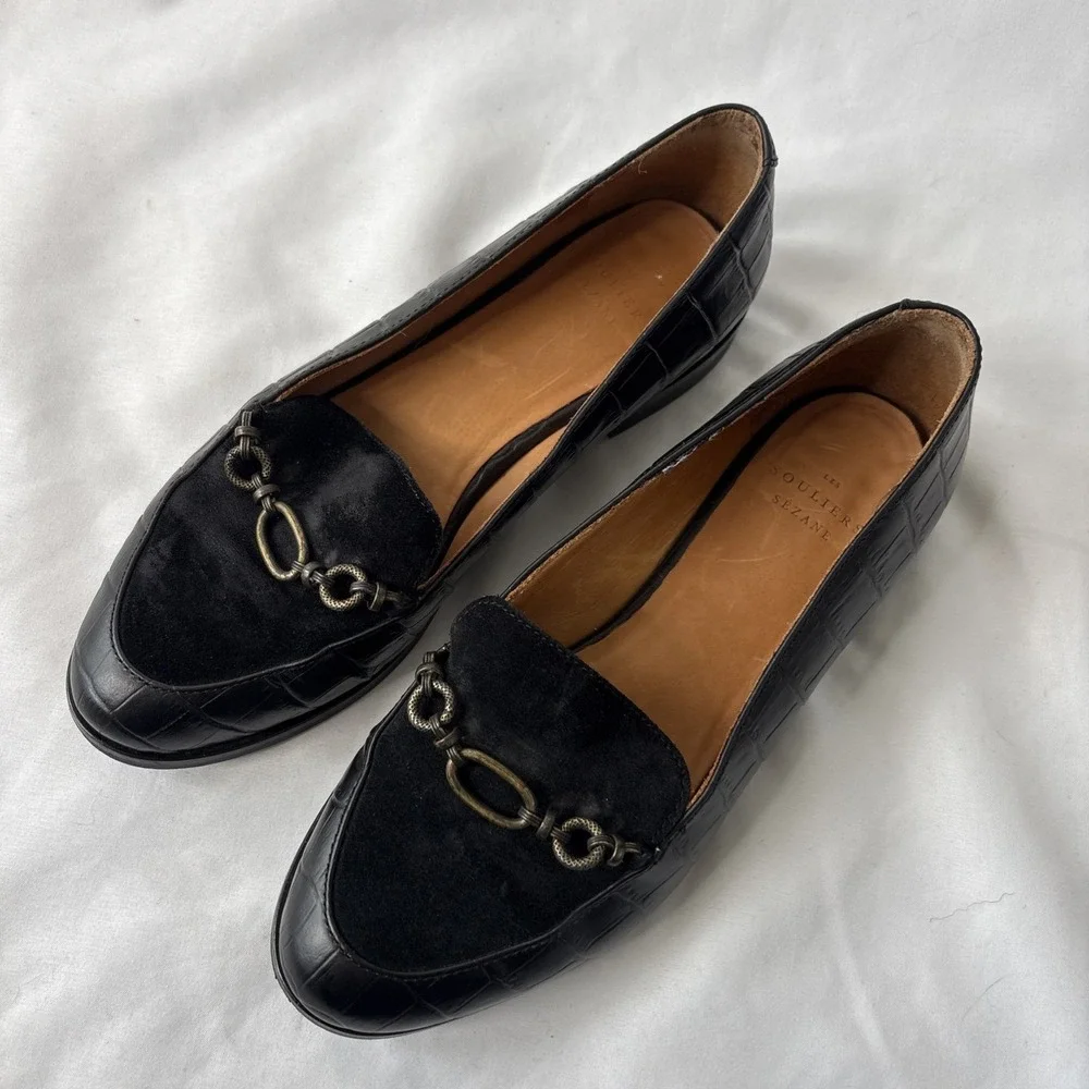 Souliers Sezane Marius Women 6/36 Black Loafers Croc Leather Chain Embellishment - Picture 2 of 12